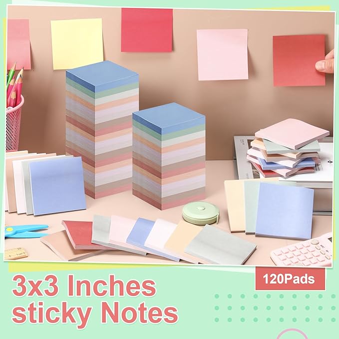 Fainne 120 Pack Sticky Notes Bulk 3 x 3 inch Self Stick Note Pads Multicolor Paper Memo for Office School Supplies Student Teacher Classroom Back to School Essentials, 50 Sheet/Pad(Pastel Color)