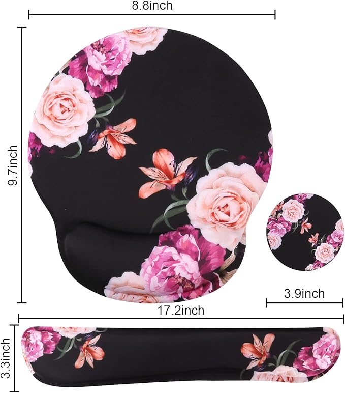 iLeadon Mouse Pad with Wrist Support Keyboard Wrist Rest Set, Ergonomic Mouse Pad with Non-Slip Base for Computer Laptop Home Office + Coasters, Easy Typing & Pain Relief Mouse Mat, Peony Flowers
