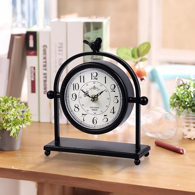 MODE HOME Silent Battery Operated Black Metal Analog Desk Clock with Bird, Small Table Clock for Farmhouse Decor, Mantel Shelf, Home and Living Room
