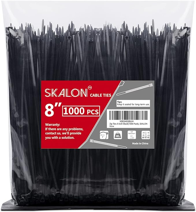 Zip Ties 8 inch (1000 Pack), 40lbs Tensile Strength, Black Cable Ties, Wire Ties for indoor and outdoor use, by Skalon