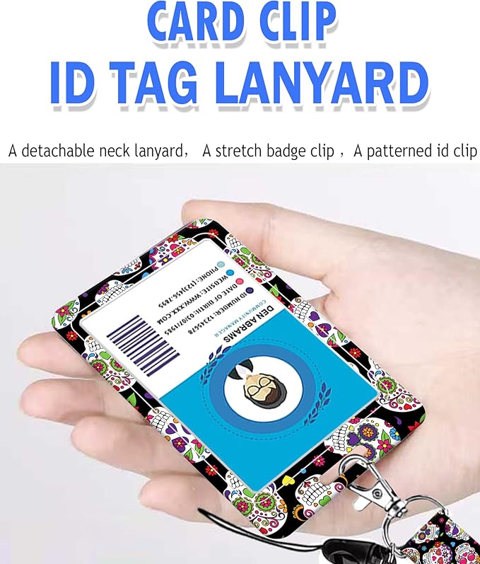 BLOCIT ID Badge Holder with Lanyard - Fashionable ID Card Holders with Retractable Lanyards - Soft Fiber Metal Clip Sturdy Buckle for Key Wallet - Work Nurse Teacher (Skull Skeleton Floral)