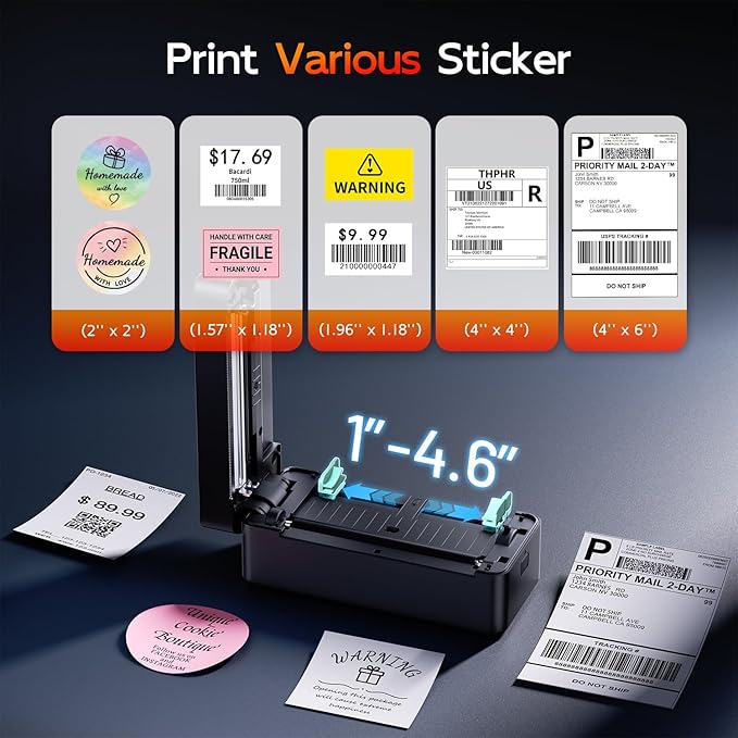 Bluetooth Thermal Label Printer, 300DPI 4X6 Shipping Label Printer for Small Business, Wireless Thermal Printer Compatible with Phone, iOS, Android, Windows, Mac, Amazon, Ebay, Shopify, Black