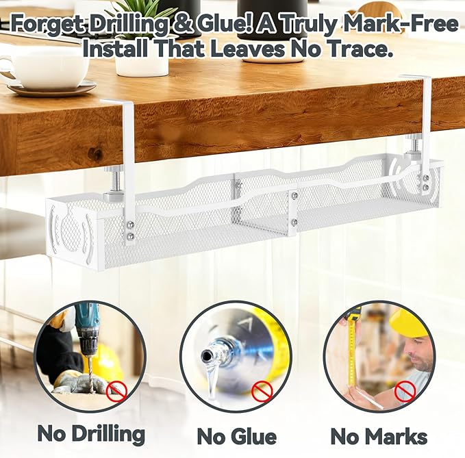 Cable Management, 25.3'' Under Desk Cable Management Tray No Drill, Metal Cable Organizer with Clamp for Wire Management, Cord Organizer for Home Office, Desk Accessories Organizer, White