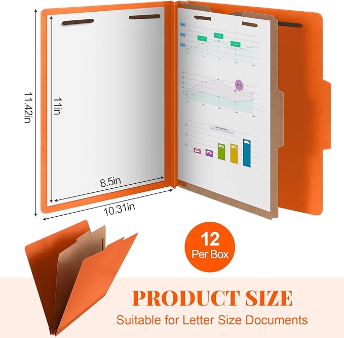 Skyygemm 12 Pcs Classification Folders Letter Size, 1 Divider Pressboard File Folder with Fasteners, Expanding File Organizer Bulk for Teachers, Clergy, Office, Church, Christmas Donations (Orange)