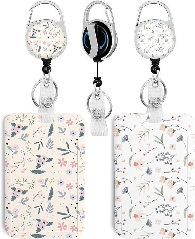 2 Pack Flower Flower 2 ID Badge Holder with Heavy Duty Retractable Reel Keychain for WomenStudents,Teachers, Nurses, Office Use 3