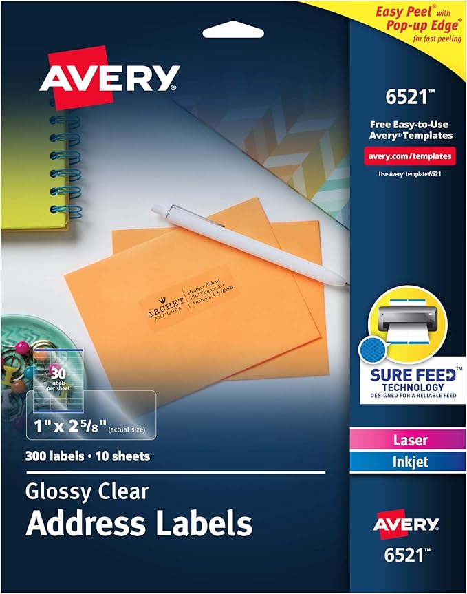 Avery Glossy Clear Address Labels, Sure Feed Technology, Laser/Inkjet, 1" x 2-5/8", 300 Labels, 5 Packs (6521)