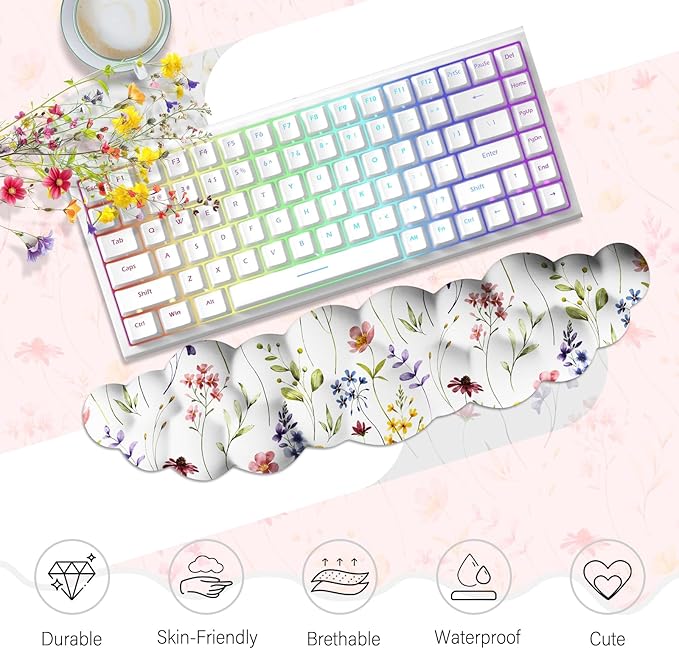 JIKIOU JIKIOU Cloud Wrist Rest Keyboard, Cloud Keyboard Wrist Pad Set with Comfortable Cloth, Cute Arm Rest for Palm Support, PC/Gaming Desk Accessories/Office Setup/Computer White Flowers