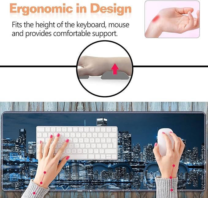 Ergonomic Keyboard Wrist Rest & Mouse Pad Wrist Rest Set, Large XXL Gaming Desk Mat 31.5"x 11.8", Non-Slip Base, Memory Foam, Easy Typing Pain Relief for Office & Home, Chicago Skyline Night View