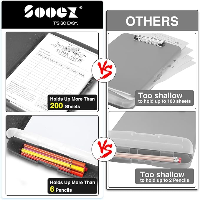 Sooez Glitter Clipboard with Storage, High Capacity Clip Boards 8.5x11 with Pen Holder, Cute Clipboards with Low Profile Clip, Sparkle Plastic Organizer Case Box for Women & Kids, Side Opening