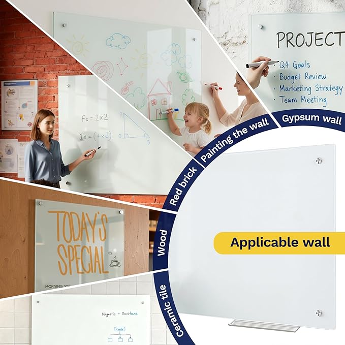 Magnetic Glass Dry Erase WhiteBoard: 36 x 24 Inches Wall Mounted, Extra Large Frameless Whiteboard for Office, Home & School, Includes 8 Magnets, 4 Markers, and 1 Eraser (Green, 36'' * 24'')