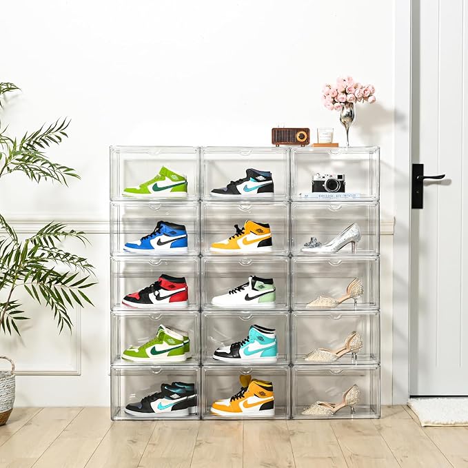 Clear Shoe Organizer,Stackable Shoe Display Case,Shoe Box Storage Bins with Magnetic Door,Fit Shoe Size Up to US 14 (X-Large-1Pack)