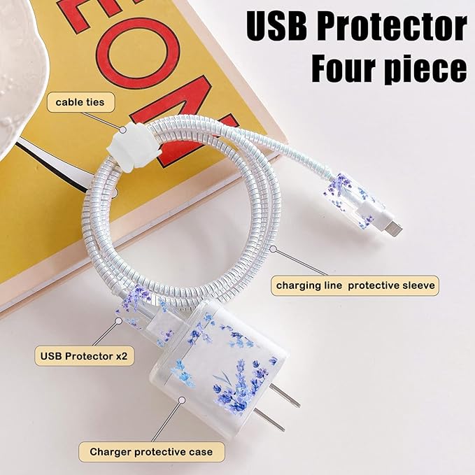 Cute Flower DIY Protectors Cable Protector for iPhone Charger,Kawaii Purple Lavender Pattern,Data Cable USB Charger Data Line Earphone Wire Saver for iPhone X 13 12 11 Pro Max