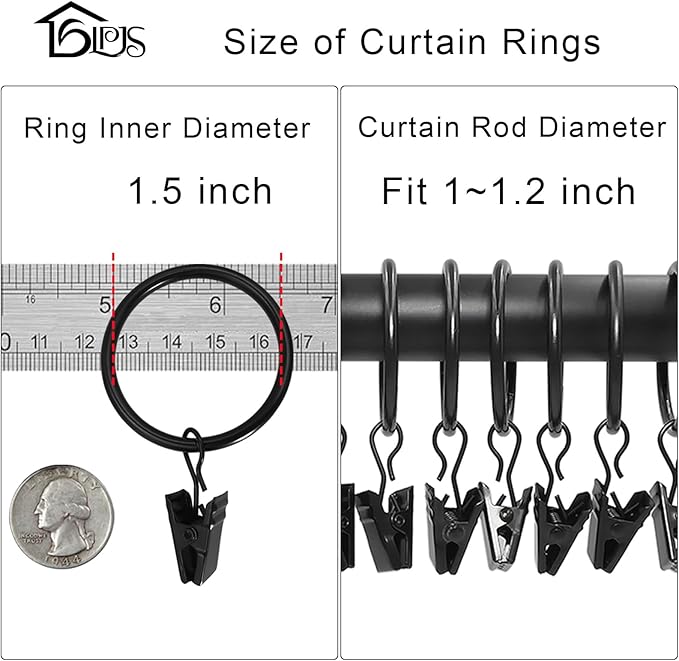 LLPJS 60 Pack Metal Curtain Rings with Clips, Curtain Clip Rings Hooks for Hanging Drapery Drapes Bows, Curtain Rod Rings 1.5 inch Interior Diameter, Black