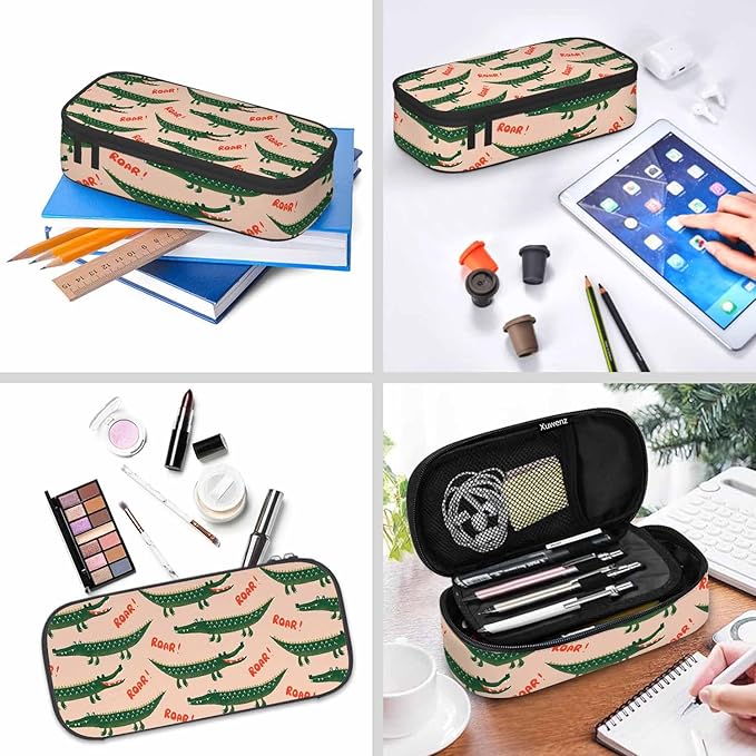 Crocodiles Pencil Bag Cute Cartoon Animal Roar Green Big Capacity Pencil Case Pencil Pouch Pen Bag for Teen Men Women