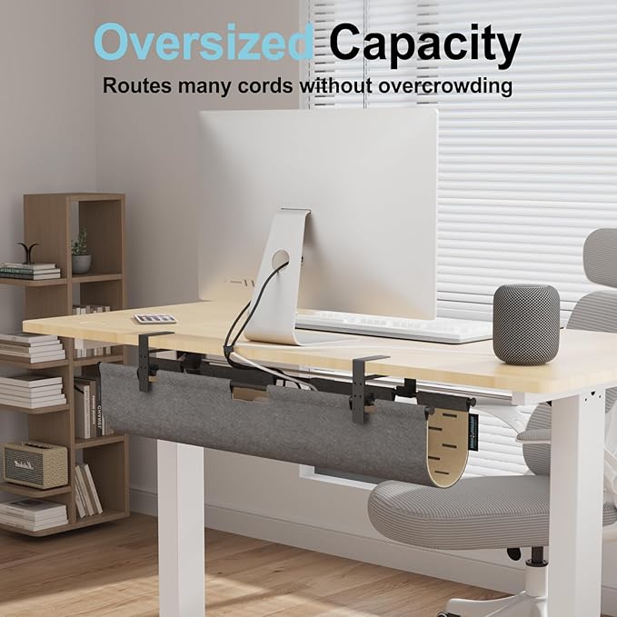 2-in-1 Under Desk Cable Management Tray & Privacy Panel, Dual-Sided Felt Cord Organizer to Hide Wires and Clutter, Desk Mount Cord Holder for Office and Home, Clamp or Screw Mount (Gray/Khaki, 45.3")