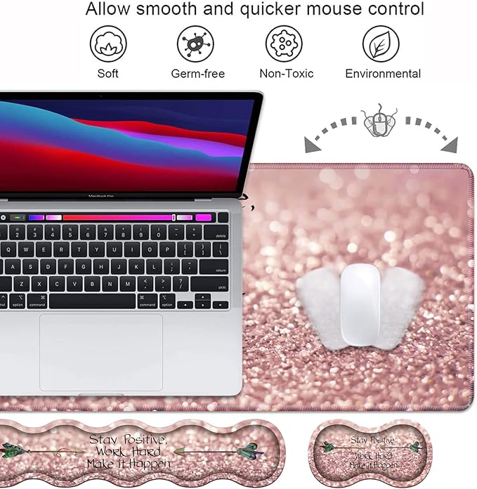 Ergonomic Keyboard Wrist Rest & Mouse Pad Wrist Rest Set, Inspirational Quote Stay Positive Work Hard and Make It Happen Pattern Large XXL Gaming Desk Mat, Memory Foam, Easy Typing Pain Relief