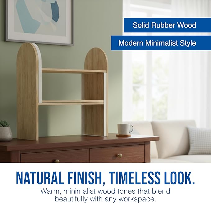 Maplefield Desk Hutch Expandable Shelf Organizer, Natural Finish, Engineered Wood Desktop Storage Rack for Office, Dorm, or Home – Adjustable Over Desk Bookshelf for Supplies, Decor & Accessories