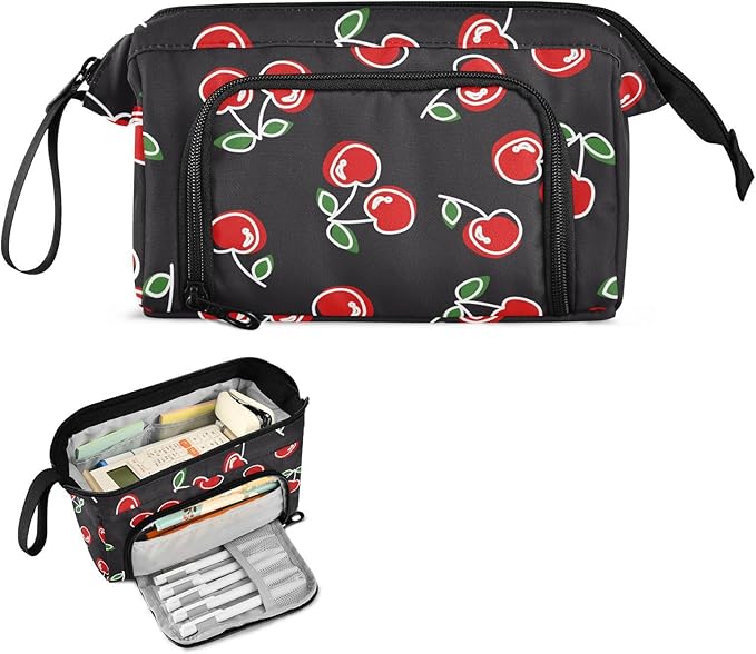 Red Cherries Pencil Case Pouch Big Capacity Pencil Bag Box Organizer Pen Case Pencil Pouch Aesthetic with Handle for Boys Girls Kids Women School College