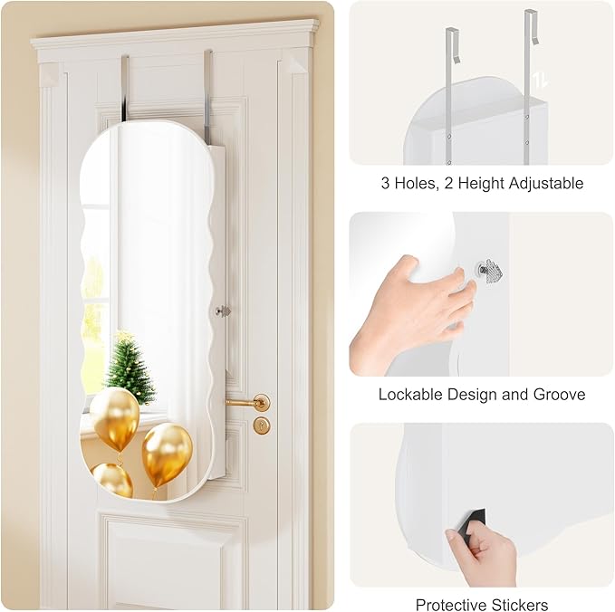 HNEBC LED Mirror Jewelry Cabinet,Wall or Door Mounted Jewelry Armoire Organizer with Lights,Lockable Wide Wavy Mirror with Storage,42.5" L Full Length Mirror with Jewelry Storage,Interior Mirror