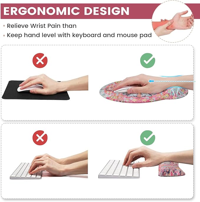 iLeadon Ergonomic Mouse Pad Set with Wrist Rest, Boho Design, Easy Typing & Pain Relief, Non-Slip Base for Home, Fuchsia