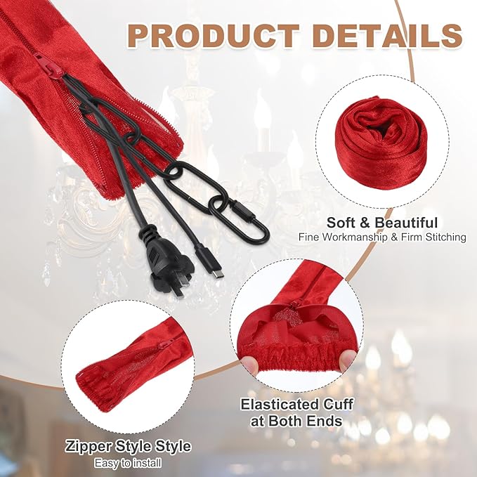 PATIKIL 3.3ft Chandelier Chain Cord Cover, 2 Pcs Velvet Cloth Fabric Chain Sleeve Decorative Cord Covers for Chandelier Wires Swing Cable, Zipper Style, Red