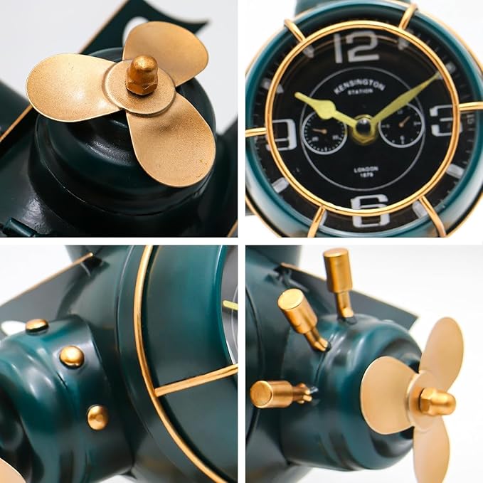 YOUKI Airplane Desk Clocks,Tabletop Decor,Airplane Gifts for Men,Industrial Decor,Shelf Clock for Bedroom Office,Silent No Ticking,Battery Operated,Green,8.6 x 8.4 x 7.5 inches
