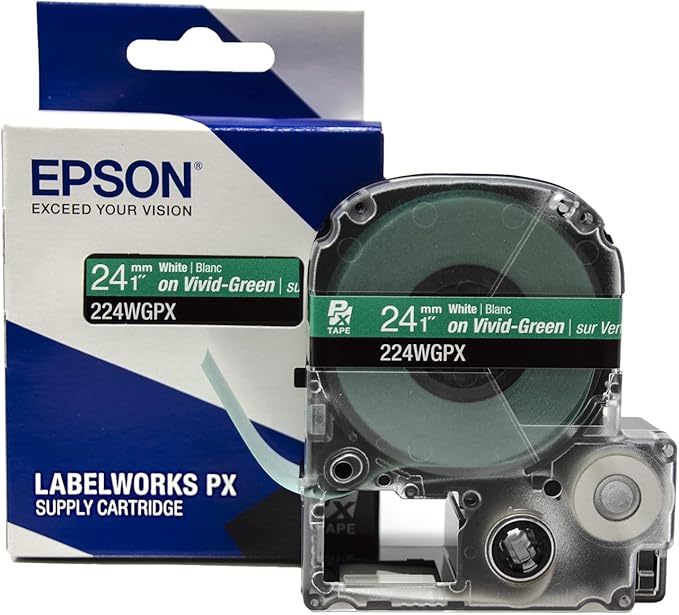 Epson LABELWORKS 224WGPX Genuine PET (Polyester) Tape Cartridge - White on Green Label Maker Tape - 1" (24MM) Wide, 30'