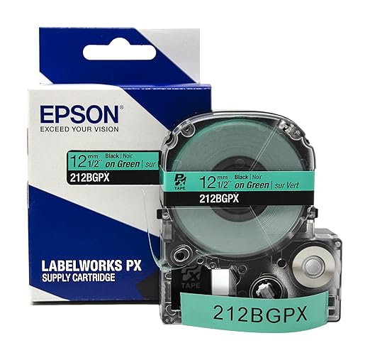 Epson LABELWORKS 212BGPX Genuine PET (Polyester) Tape Cartridge - Black on Green Label Maker Tape - 1/2" (12MM) Wide, 30'