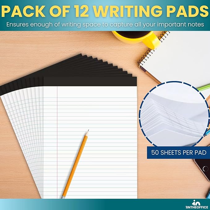 1InTheOffice Note Pads 8.5 x 11, Wide-Ruled Letter Size Writing Pads, White 50 Sheets per Notepads, 12 Pack