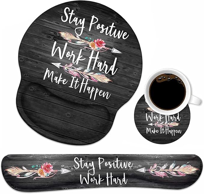 Keyboard Wrist Rest and Mouse Pad Wrist Support Set with Coasters, Stay Positive Work Hard and Make It Happen Inspirational Quote Wrist Mouse Pad with Non-Slip PU Base for Computer Laptop Home Office