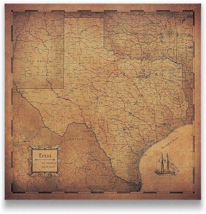 Conquest Maps Push Pin Texas Map Board - With Push Pins to Mark Texas Travel - Handmade in Ohio, USA - Design: Golden Aged