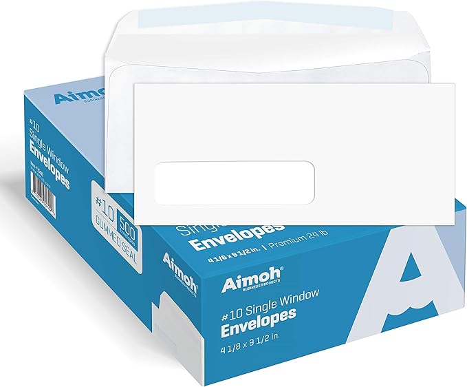 Aimoh #10 Single Left Window Envelopes -Gummed Closure -Size 4-1/8x9-1/2 Inches -24LB-500 Count(35410)