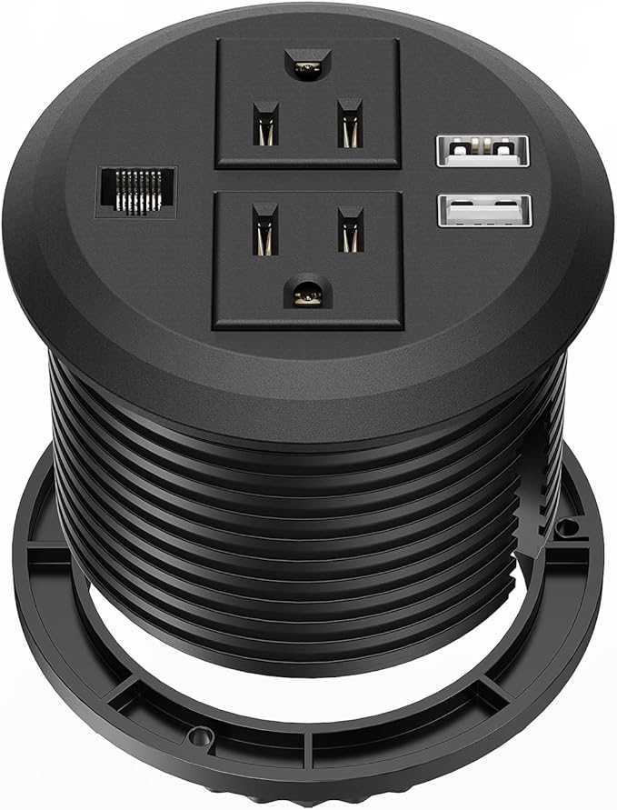 Desktop Power Grommet 3 inch, Desk Power Outlet Socket Recessed Power Strip with 2 AC Outlet & 2 USB Ports for Computer, Table, Kitchen, Office