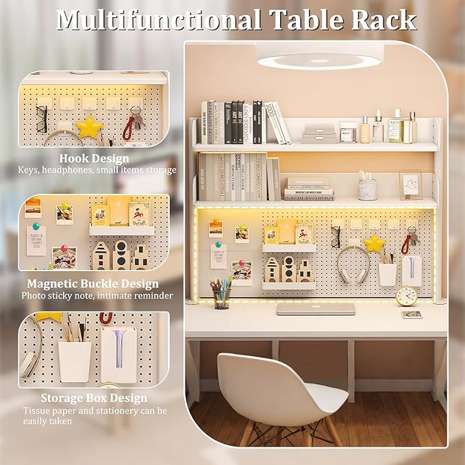 Clamp On Desk Shelf Desktop Hutch Bookshelf Desk Organizer Storage Shelves with Pegboard DIY Display Stand Adjustable Space-Saving Suitable for Dormitories,Studies,Offices,Workbenches