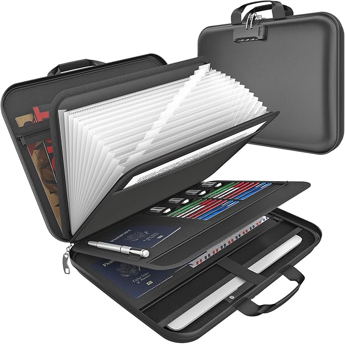 Hard Case Fireproof Document Box, Important File Organizer with Lock Waterproof Zipper, Portable Home Office Travel Storage Accordion Folder for Letter A4 Laptop Files