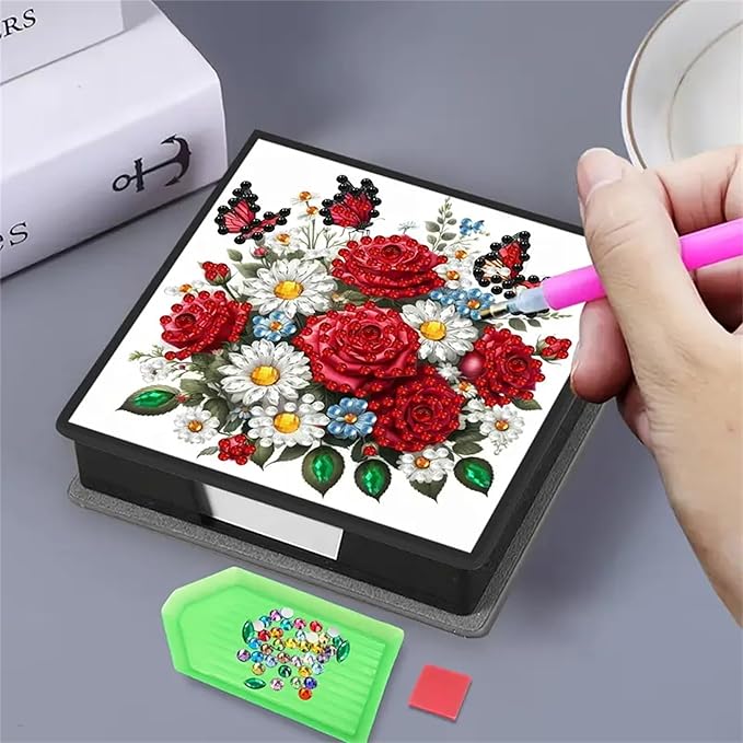 Rose Diamond Painting Kit Note Box,Memo Paper Storage Box Diamonds Art,Sticky Note Holder Diamond Art,Diamond Painting Memo Pad for Office Desk. (Rose)