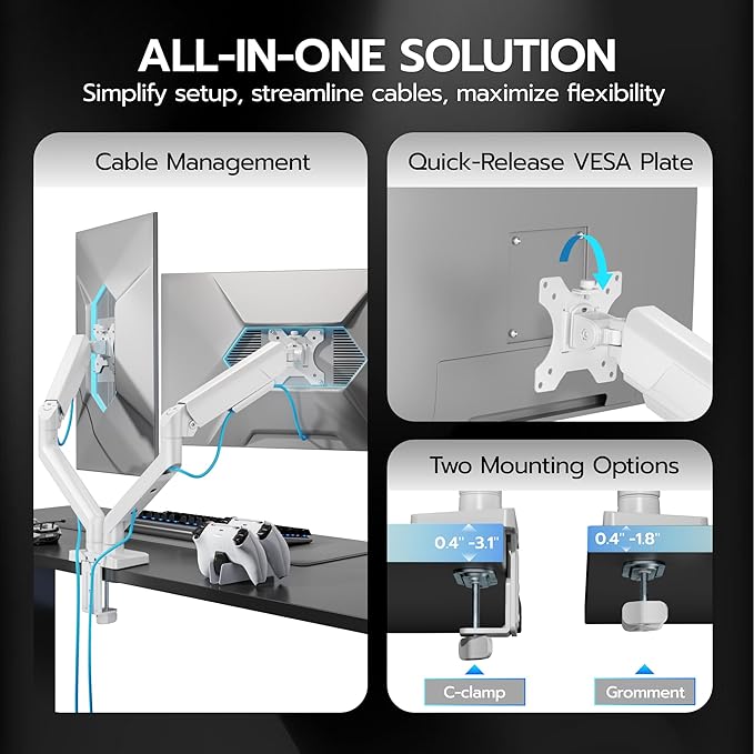 ARES WING Dual Monitor Mount, Heavy Duty Monitor Arms for 2 Monitors for 17-35 Inch, Fully Adjustable Monitor Desk Stand with USB A/C for Ultrawide Screen, VESA 75x75 or 100x100mm, White