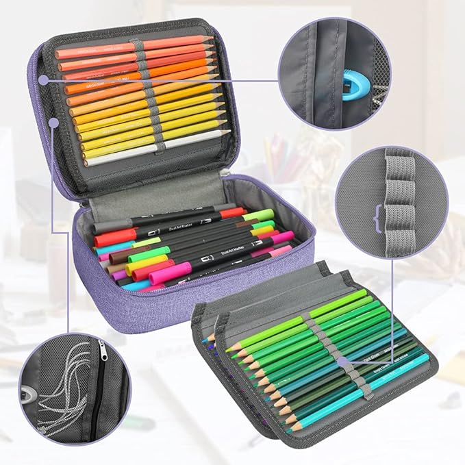 Large Capacity Pencil Case, 72 Slots Colored Pencil Pouch Bag Portable Pencil Holder Stationery Organizer with Compartments for Office and Travel, Purple