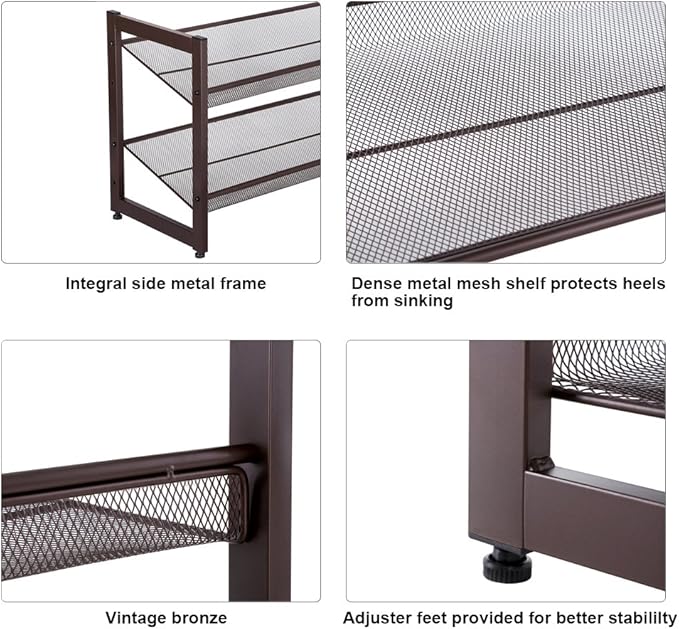 SONGMICS Shoe Rack, 2-Tier Shoe Organizer, Metal Shoe Storage for Garage, Stackable Shoe Shelf, with Adjustable Flat or Angled Shelves, 8-10 Pairs, Bronze ULMR02A
