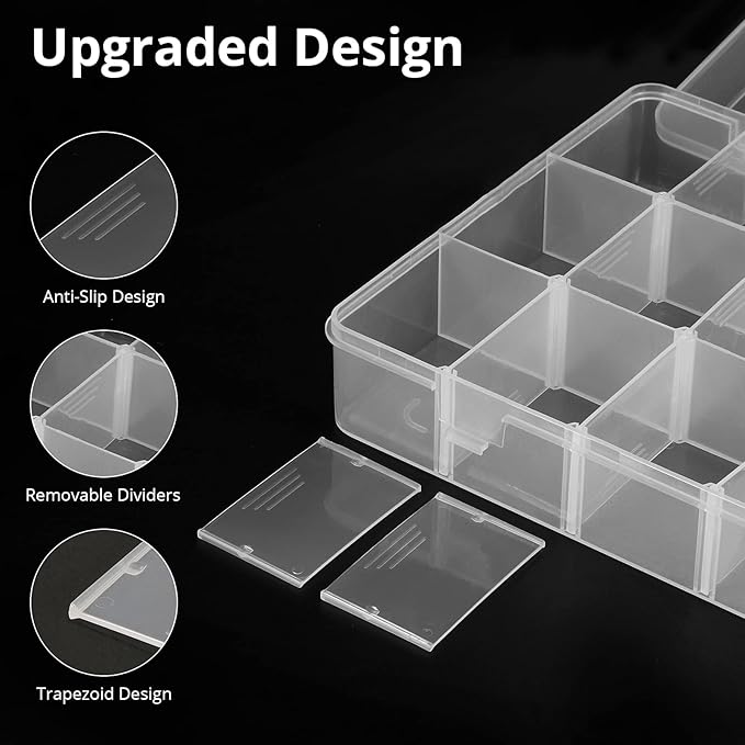 18 Grids Plastic Organizer Box with Dividers, Clear Compartment Container Storage for Beads Crafts Jewelry Fishing Tackles, Size 7.9 x 6.2 x 1.2 in