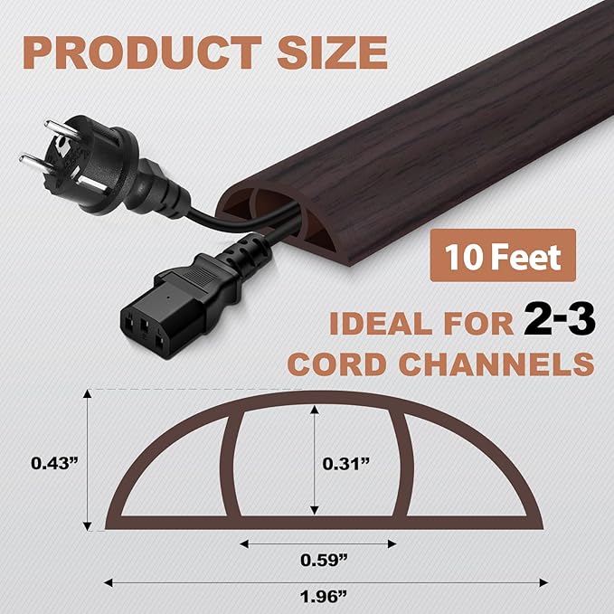 Floor Cord Cover for Wires on Floor Self Adhesive Cord Hider Floor Cable Management Wire Covers for Cords Protector Prevent Cable Trips Cord Cavity W 0.59" x H 0.31", Black Walnut, 10Ft