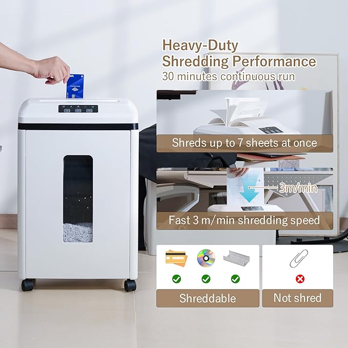 Professional Commercial Paper Shredder: P-7 Security Super Micro-Cut 1x1.7mm 7 Sheets/CDs/Cards/Staples 6-Gal Bin Heavy Duty for Home/Office/Industrial/Business Use-Confidential Documents