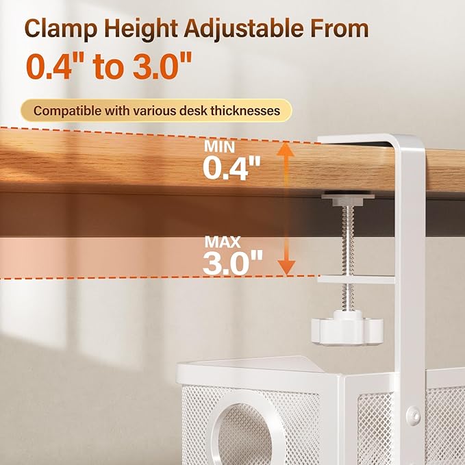 [Upgraded] Under Desk Cable Management Large, Cinati 16" Cable Management Box for Table Thickness up to 3", Wire Cord Organizer with Clamp No Drill, No Damage to Desk (White)