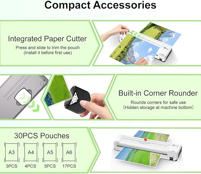 Laminator Machine, A3 Laminator Machine with 30 Laminating Sheets, 13 Inch Laminating Machine with Built-in Paper Cutter & Corner Rounder, Thermal and Cold 11X17 for Home School Office