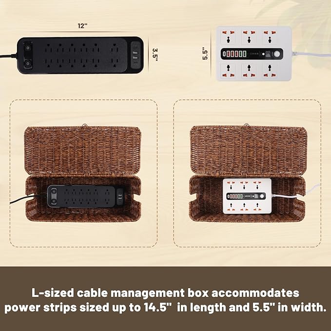 BROWNLILY Cable Management Box, Rattan Style Cord Organizer for Desk Cord Hider Outlet Covers Baby Proofing for Power Strip TV PC Router Charger Under Desk Storage with Lockable Lid and Cable Ties