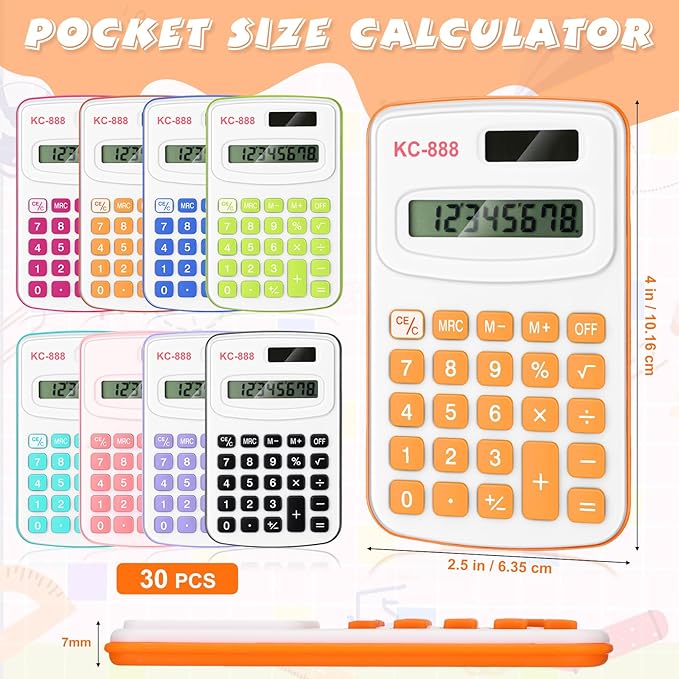 Treela 30 Pcs Pocket Size Calculator for Students Bulk Mini Handheld Cute Basic Standard with Button Battery 8 Digit Display Desktop Calculator for Office, School(Mixed Color)