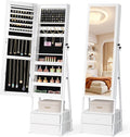 Bonnlo LED Jewelry Cabinet Armoire, Lockable Standing Mirror with Jewelry Storage, Full Length Mirror with 2 Drawers, Large Capacity Jewelry Organizer for Women, Gift Idea, Christmas Gifts,White