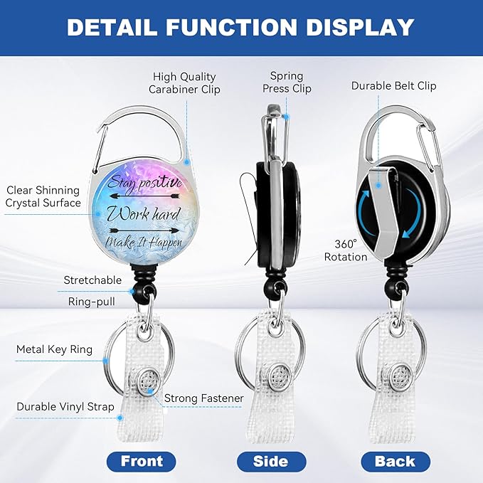 2 Pack Stay Postive ID Badge Holder with Heavy Duty Retractable Reel Keychain for WomenStudents,Teachers, Nurses, Office Use