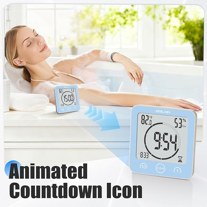 Baldr Shower Clock Waterproof Bathroom Clock with Timer/Temperature/Humidity, Digital Timers for Kids and Adults, Bath Kitchen Study, Blue