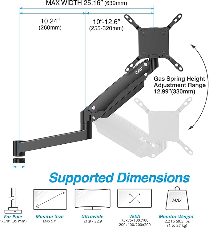 AVLT 57 Inch Heavy Duty Pole Top Mount Monitor Arm Series – Dual & Single Add-On Kits, Height Adjustable, VESA Compatible (Black, Add-On Monitor Arm)
